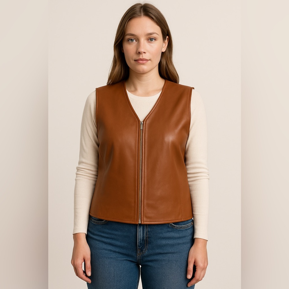 Nordstrom Genuine Lambskin Leather Zip Vest Brown Tan Lined Minimalist Y2K Large - Picture 1 of 10